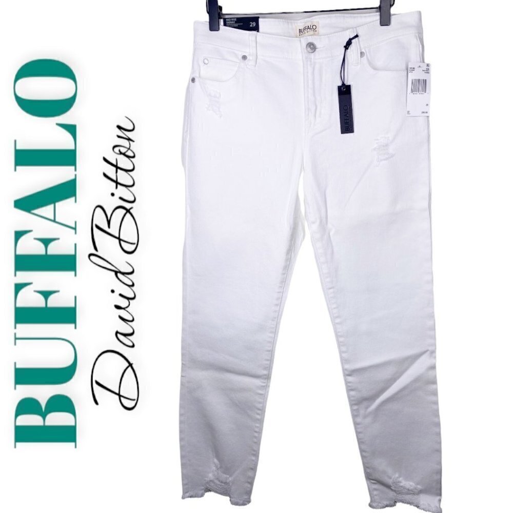 NWT‎ BUFFALO DAVID BITTON Faith White Mid Rise Skinny Jeans Frayed Hem, Size 29